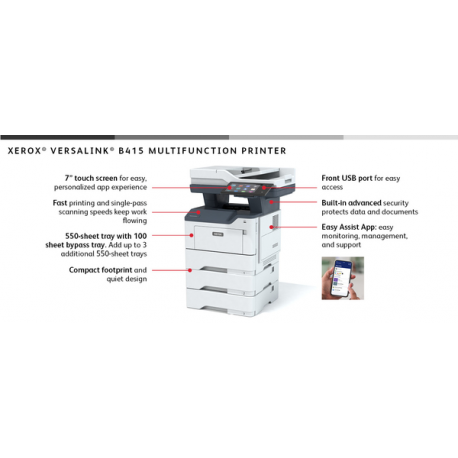 Xerox VersaLink B415V_DN - Multifunction printer - B / W - laser - Legal (216 x 356 mm) (original) - Legal (media) - up to 50 ppm (copying) - up to 50 ppm (printing) - 650 sheets - 33.6 Kbps - USB 2.0, Gigabit LAN, USB host, NFC - 5