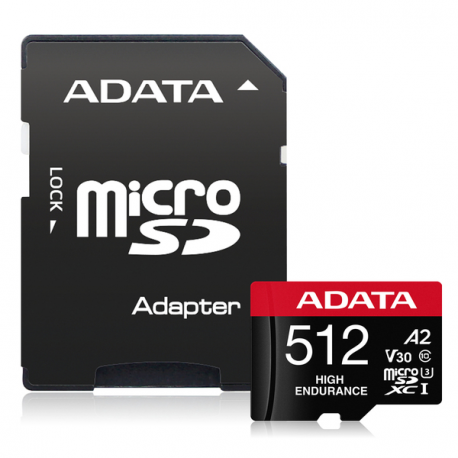 ADATA High Endurance - Flash memory card (microSDXC to SD adapter included) - 512 GB - A2 / Video Class V30 / UHS-I U3 / Class10 - microSDXC UHS-I - 0