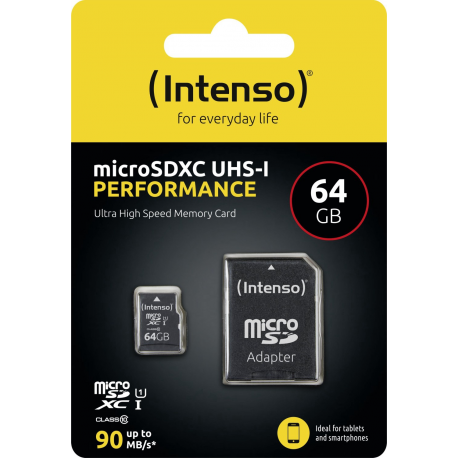 Intenso Performance - Flash memory card (microSDXC to SD adapter included) - 64 GB - UHS-I U1  /  Class10 - microSDXC UHS-I - 3