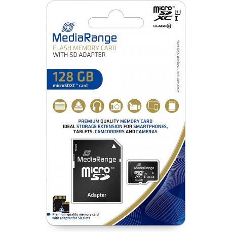MediaRange MR945 - Flash memory card (microSDXC to SD adapter included) - 128 GB - UHS-I / Class10 - microSDXC - black - 0