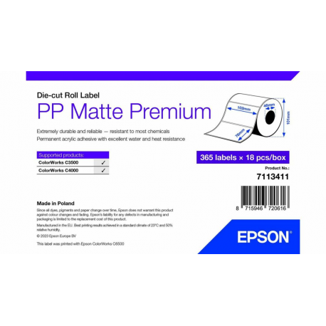 Epson Premium - Polypropylene (PP) - matte - permanent acrylic adhesive - 102 x 76 mm 6570 label(s) (18 roll(s) x 365) die cut labels - 0