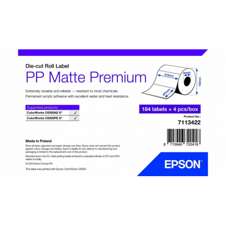 Epson Premium - Polypropylene (PP) - matte - permanent acrylic adhesive - A4 (210 x 297 mm) 736 label(s) (4 roll(s) x 184) box - die cut labels - 0