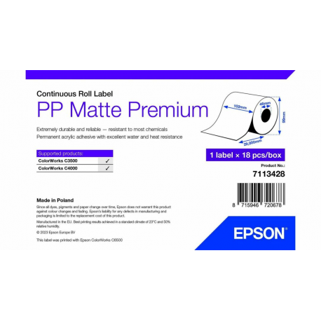Epson Premium - Polypropylene (PP) - matte - permanent acrylic adhesive - Roll (10.2 cm x 29 m) 18 roll(s) box - continuous labels - 0