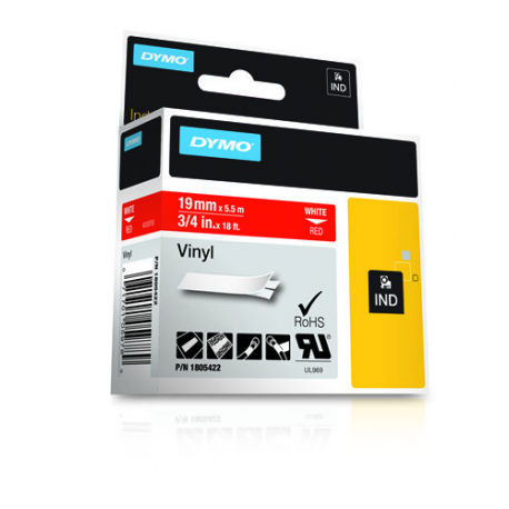 DYMO Rhino Coloured Vinyl - Vinyl - permanent adhesive - white on red - Roll (1.9 cm x 5.5 m) 1 cassette(s) tape - for DYMO ILP219; Rhino 1000, 4200, 5000, 5200, 6000; RhinoPRO 1000, 3000, 5000, 6000, 6500 - 3