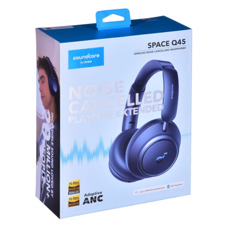 Soundcore Space Q45 - Headphones with mic - full size - Bluetooth - wireless, wired - active noise cancelling - 3.5 mm jack - blue - 9