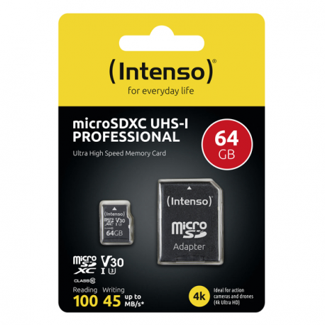 Intenso - Flash memory card (microSDXC to SD adapter included) - 64 GB - UHS Class 1  /  Class10 - microSDXC UHS-I - 9