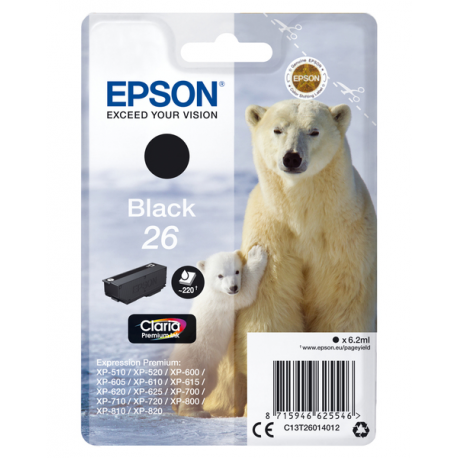 Epson 26 - 6.2 ml - black - original - ink cartridge - for Expression Premium XP-510, 520, 600, 605, 610, 615, 620, 625, 700, 710, 720, 800, 810, 820 - 0