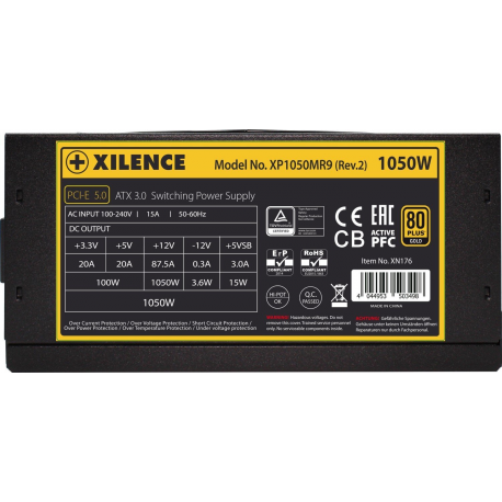 Xilence Performance X+ Series XP1050MR9.2 - Power supply (internal) - ATX12V 3.0 - 80 PLUS Gold - AC 100-240 V - 1050 Watt - active PFC - black - 5