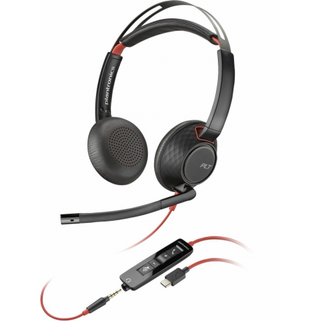 Poly Blackwire C5220 - Blackwire 5200 series - headset - on-ear - wired - active noise cancelling - 3.5 mm jack, USB-C - black - Certified for Skype for Business, Certified for Microsoft Teams, Avaya Certified, Cisco Jabber Certified - 0