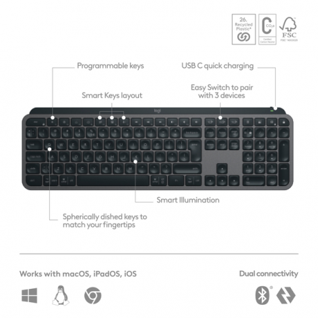 Logitech MX Keys S - Keyboard - backlit - wireless - Bluetooth LE - AZERTY - Belgium - key switch: Scissor-Key - graphite - 33