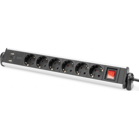DIGITUS - Power strip - with 3x USB ports - AC 100-240 V - 3680 Watt - input: CEE 7 / 4 - output connectors: 6 (power CEE 7 / 3) - 1.5 m cord - black, silver - 0