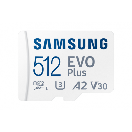 Samsung EVO Plus MB-MC512S - Flash memory card (microSDXC to SD adapter included) - 512 GB - A2 / Video Class V30 / UHS-I U3 / Class10 - microSDXC UHS-I - white - 0