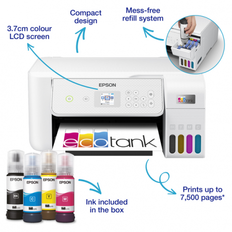 Epson EcoTank ET-2876 - Multifunction printer - colour - ink-jet - ITS - A4 (media) - up to 10 ppm (printing) - 100 sheets - USB, Wi-Fi - white - 3