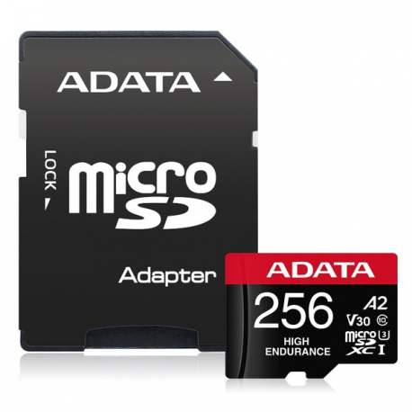 ADATA High Endurance - Flash memory card (microSDXC to SD adapter included) - 256 GB - A2 / Video Class V30 / UHS-I U3 / Class10 - microSDXC UHS-I - 9