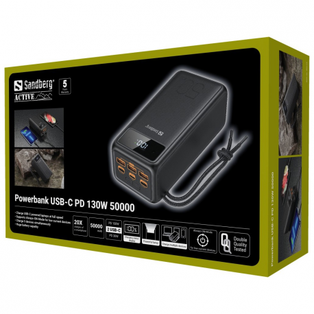 Sandberg Active - Power bank - 50000 mAh - 185 Wh - 5 A - 3 output connectors (USB) - on cable: USB, USB-C - 8