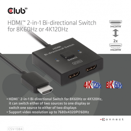 Club 3D CSV-1384 - Video / audio switch - 2-in-1, bi-directional - 2 x HDMI - desktop - 5