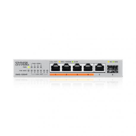 Zyxel XMG-100 Series XMG-105HP - Switch - unmanaged - unmanaged - 5 x 100 / 1000 / 2.5G (PoE++) + 1 x Gigabit SFP  /  10 Gigabit SFP+ - desktop, wall-mountable - PoE++ (70 W) - 2