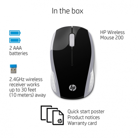HP 200 - Mouse - right and left-handed - optical - wireless - 2.4 GHz - USB wireless receiver - silver - for OMEN by HP Laptop 16; Chromebook 14; Pavilion TP01; Spectre x360 Laptop - 4