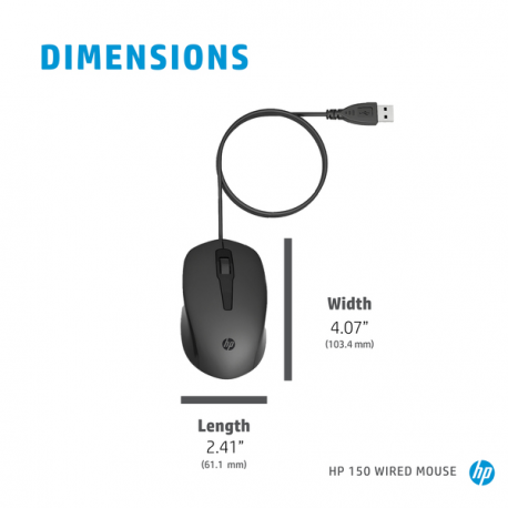 HP 150 - Mouse - right and left-handed - optical - wired - USB - black - for OMEN by HP Laptop 16; Victus by HP Laptop 16; Laptop 15, 17; Pavilion Plus Laptop 14 - 5