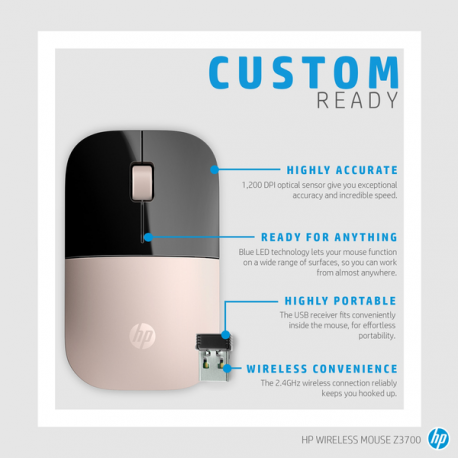 HP Z3700 - Mouse - optical - wireless - 2.4 GHz - USB wireless receiver - blue - for OMEN by HP Laptop 16; Victus by HP Laptop 16; Laptop 15, 17; Pavilion Plus Laptop 14 - 8