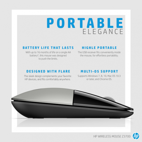 HP Z3700 - Mouse - optical - wireless - 2.4 GHz - USB wireless receiver - blue - for OMEN by HP Laptop 16; Victus by HP Laptop 16; Laptop 15, 17; Pavilion Plus Laptop 14 - 20