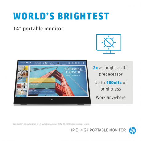 HP E14 G4 - LED monitor - 14" - portable - 1920 x 1080 Full HD (1080p) @ 60 Hz - IPS - 400 cd / m² - 800:1 - 5 ms - 2xUSB-C - sliver stand - for HP EliteBook 745 G5, 830 G5, 830 G6, 840 G5, 840 G6 - 2