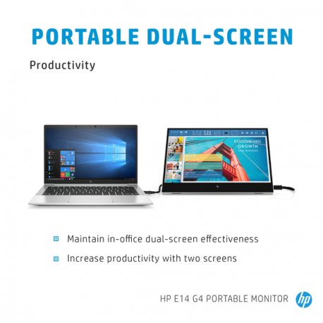 HP E14 G4 - LED monitor - 14" - portable - 1920 x 1080 Full HD (1080p) @ 60 Hz - IPS - 400 cd / m² - 800:1 - 5 ms - 2xUSB-C - sliver stand - for HP EliteBook 745 G5, 830 G5, 830 G6, 840 G5, 840 G6 - 11