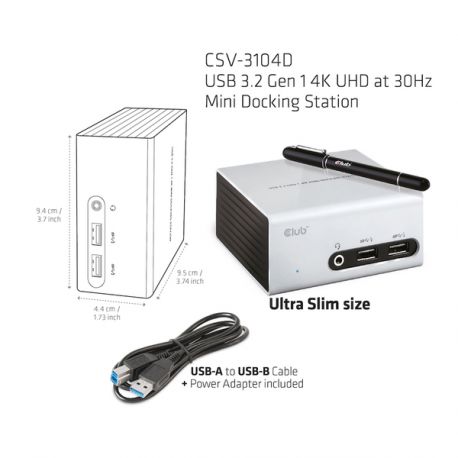 Club3D SenseVision USB 3.0 4K Mini Docking Station - Docking station - USB - DVI, HDMI - GigE - 6