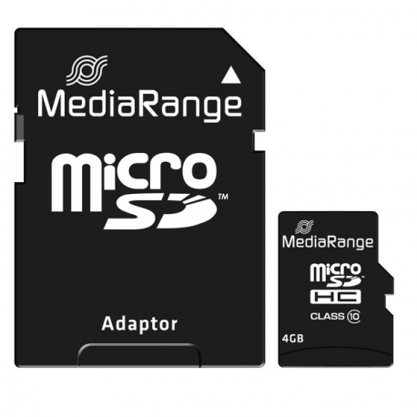 MediaRange - Flash memory card (microSDHC to SD adapter included) - 4 GB - Class 10 - microSDHC - black - 2