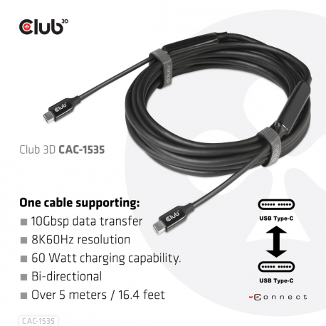 Club 3D CAC-1535 - USB cable - USB-C (M) to USB-C (M) - USB 3.2 Gen 2  /  DisplayPort 1.4 - 20 V - 3 A - 5 m - active, USB Power Delivery (3A, 60W), 8K support, bi-directional - 11