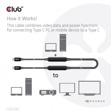 Club 3D CAC-1535 - USB cable - USB-C (M) to USB-C (M) - USB 3.2 Gen 2  /  DisplayPort 1.4 - 20 V - 3 A - 5 m - active, USB Power Delivery (3A, 60W), 8K support, bi-directional - 12