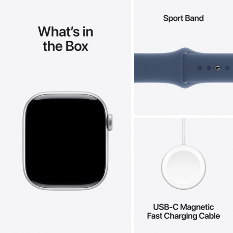 Apple Watch Series 10 (GPS) - 42 mm - silver aluminium - smart watch with sport band - fluoroelastomer - denim - band size: S / M - 64 GB - Wi-Fi 4, UWB, Bluetooth - 30 g - 8
