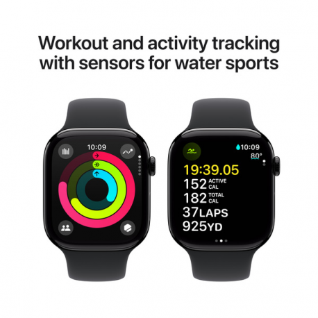 Apple Watch Series 10 (GPS) - 46 mm - jet black aluminium - smart watch with sport band - fluoroelastomer - black - band size: M / L - 64 GB - Wi-Fi 4, UWB, Bluetooth - 36.4 g - 3