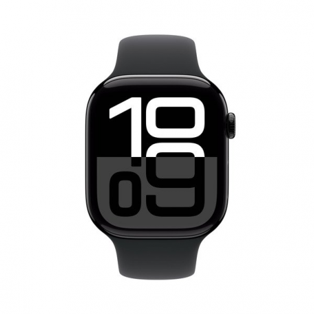 Apple Watch Series 10 (GPS) - 46 mm - jet black aluminium - smart watch with sport band - fluoroelastomer - black - band size: S / M - 64 GB - Wi-Fi 4, UWB, Bluetooth - 36.4 g - 1