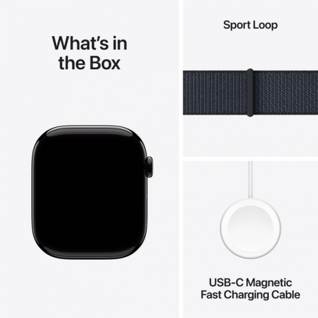 Apple Watch Series 10 (GPS) - 46 mm - jet black aluminium - smart watch with sport loop - soft double-layer nylon - ink - wrist size: 130-200 mm - 64 GB - Wi-Fi 4, UWB, Bluetooth - 36.4 g - 8