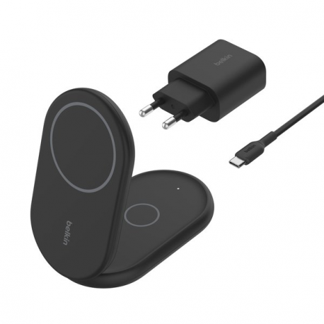 Belkin BoostCharge 2-in-1 - Wireless charging stand - magnetic, foldable, with Qi2 + AC power adapter - 15 Watt - Fast Charge - black - for Apple iPhone 12, 13, 14, 15, 16 - 0