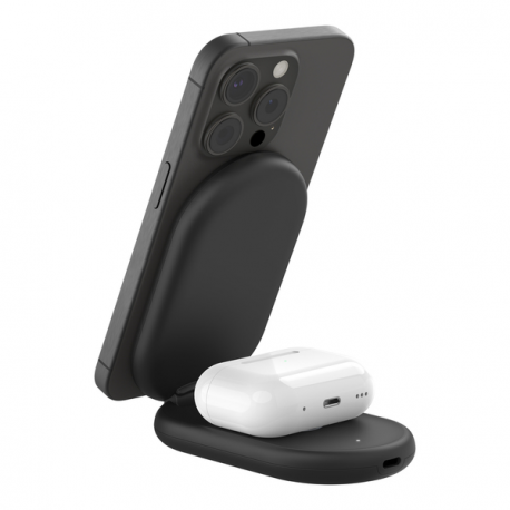 Belkin BoostCharge 2-in-1 - Wireless charging stand - magnetic, foldable, with Qi2 + AC power adapter - 15 Watt - Fast Charge - black - for Apple iPhone 12, 13, 14, 15, 16 - 2