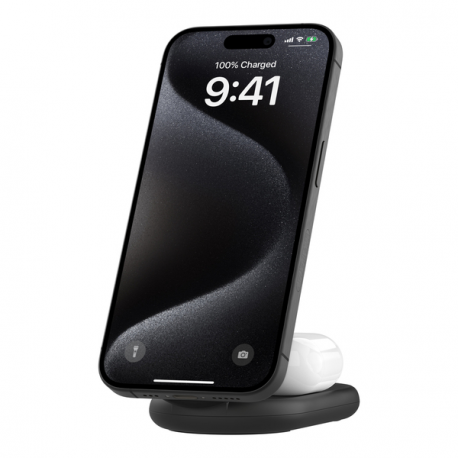 Belkin BoostCharge 2-in-1 - Wireless charging stand - magnetic, foldable, with Qi2 + AC power adapter - 15 Watt - Fast Charge - black - for Apple iPhone 12, 13, 14, 15, 16 - 3
