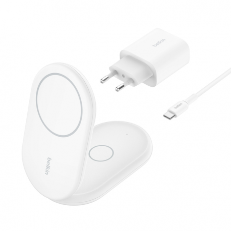 Belkin BoostCharge 2-in-1 - Wireless charging stand - magnetic, foldable, with Qi2 + AC power adapter - 15 Watt - Fast Charge - white - for Apple iPhone 12, 13, 14, 15, 16 - 0