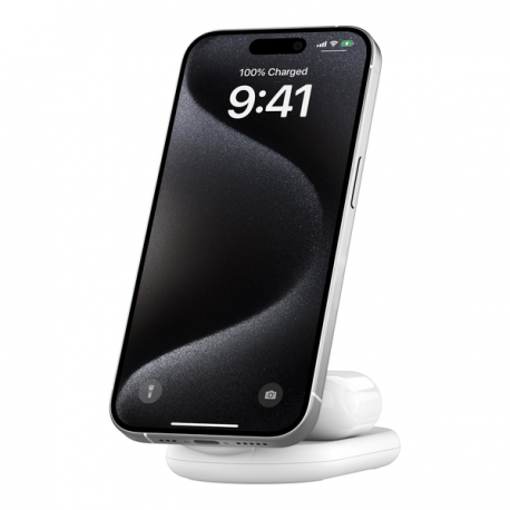 Belkin BoostCharge 2-in-1 - Wireless charging stand - magnetic, foldable, with Qi2 + AC power adapter - 15 Watt - Fast Charge - white - for Apple iPhone 12, 13, 14, 15, 16 - 5