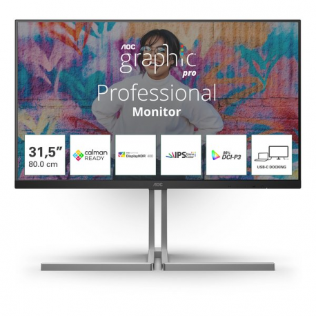 AOC U32U3CV - Graphic Pro Series - LED monitor - 32" (31.5" viewable) - 3840 x 2160 4K @ 60 Hz - Nano IPS - 400 cd / m² - 1000:1 - DisplayHDR 400 - 4 ms - 2xHDMI, DisplayPort, 2xUSB-C - speakers - black - 0