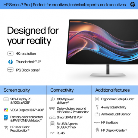 HP 727pk - Series 7 Pro - LED monitor - 27" - 3840 x 2160 4K @ 60 Hz - IPS Black - 400 cd / m² - 2000:1 - DisplayHDR 400 - 5 ms - Thunderbolt 4, HDMI, DisplayPort - black, silver - 13