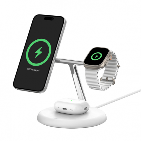 Belkin BoostCharge Pro 3-in-1 - Wireless charging stand - magnetic with Qi2 + AC power adapter - 15 Watt - Fast Charge - white - 2