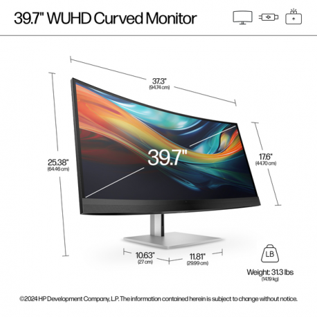 HP 740pm - Series 7 Pro - LED monitor - curved - 40" (39.7" viewable) - 5120 x 2160 WUHD @ 60 Hz - IPS - 300 cd / m² - 1000:1 - 5 ms - 2xThunderbolt 3, HDMI, DisplayPort - speakers - black, silver - 6