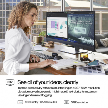 HP 740pm - Series 7 Pro - LED monitor - curved - 40" (39.7" viewable) - 5120 x 2160 WUHD @ 60 Hz - IPS - 300 cd / m² - 1000:1 - 5 ms - 2xThunderbolt 3, HDMI, DisplayPort - speakers - black, silver - 9