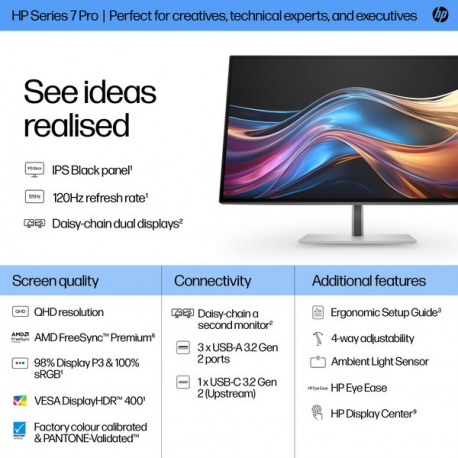 HP 727pq - Series 7 Pro - LED monitor - 27" - 2560 x 1440 QHD @ 120 Hz - IPS Black - 400 cd / m² - 2000:1 - DisplayHDR 400 - 5 ms - HDMI, DisplayPort - black, silver - 4