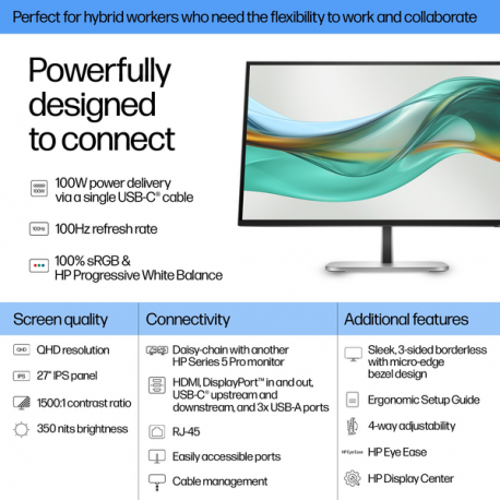 HP 527pu - Series 5 Pro - LED monitor - 27" - 2560 x 1440 QHD - IPS - 350 cd/m² - 1500:1 - 5 ms - HDMI, DisplayPort, USB-C - jet black, natural silver and jet black (stand) - 10