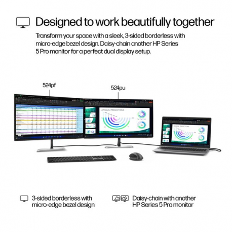 HP 524pu - Series 5 Pro - LED monitor - 24" (23.8" viewable) - 1920 x 1080 Full HD (1080p) @ 100 Hz - IPS - 350 cd/m² - 1500:1 - 5 ms - HDMI, DisplayPort, USB-C - jet black, natural silver and jet black (stand) - 5