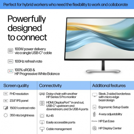 HP 524pu - Series 5 Pro - LED monitor - 24" (23.8" viewable) - 1920 x 1080 Full HD (1080p) @ 100 Hz - IPS - 350 cd/m² - 1500:1 - 5 ms - HDMI, DisplayPort, USB-C - jet black, natural silver and jet black (stand) - 9