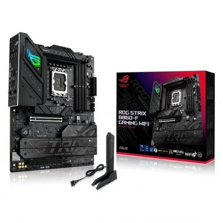 ASUS ROG STRIX B860-F GAMING WIFI - Motherboard - ATX - LGA1851 Socket - B860 Chipset - USB4, USB 3.2 Gen 2, USB-C 3.2 Gen 2x2, USB 3.2 Gen 1 - Wi-Fi 7, 2.5 Gigabit LAN, Bluetooth - onboard graphics (CPU required) - HD Audio (8-channel) - 0